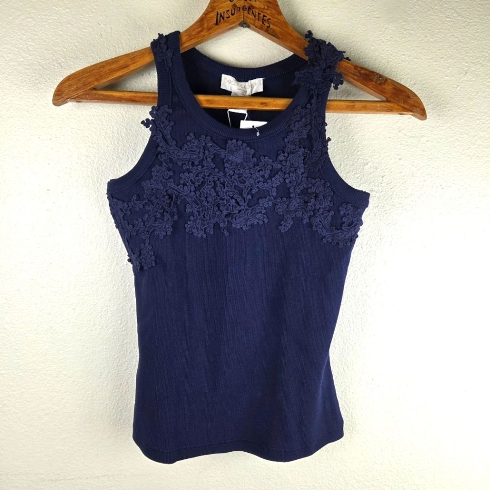 Caroline Constas NWT Navy Blue Lace-Trimmed Women's Ribbed Tank Top Size SM